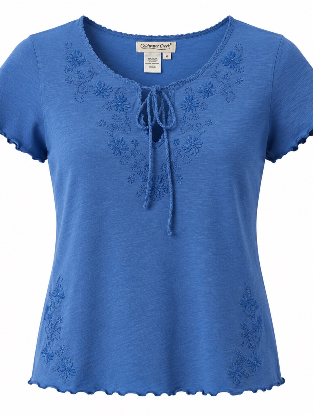 Coldwater Creek Blue Embroidered Cotton Short Sleeve Tie Neck Top S